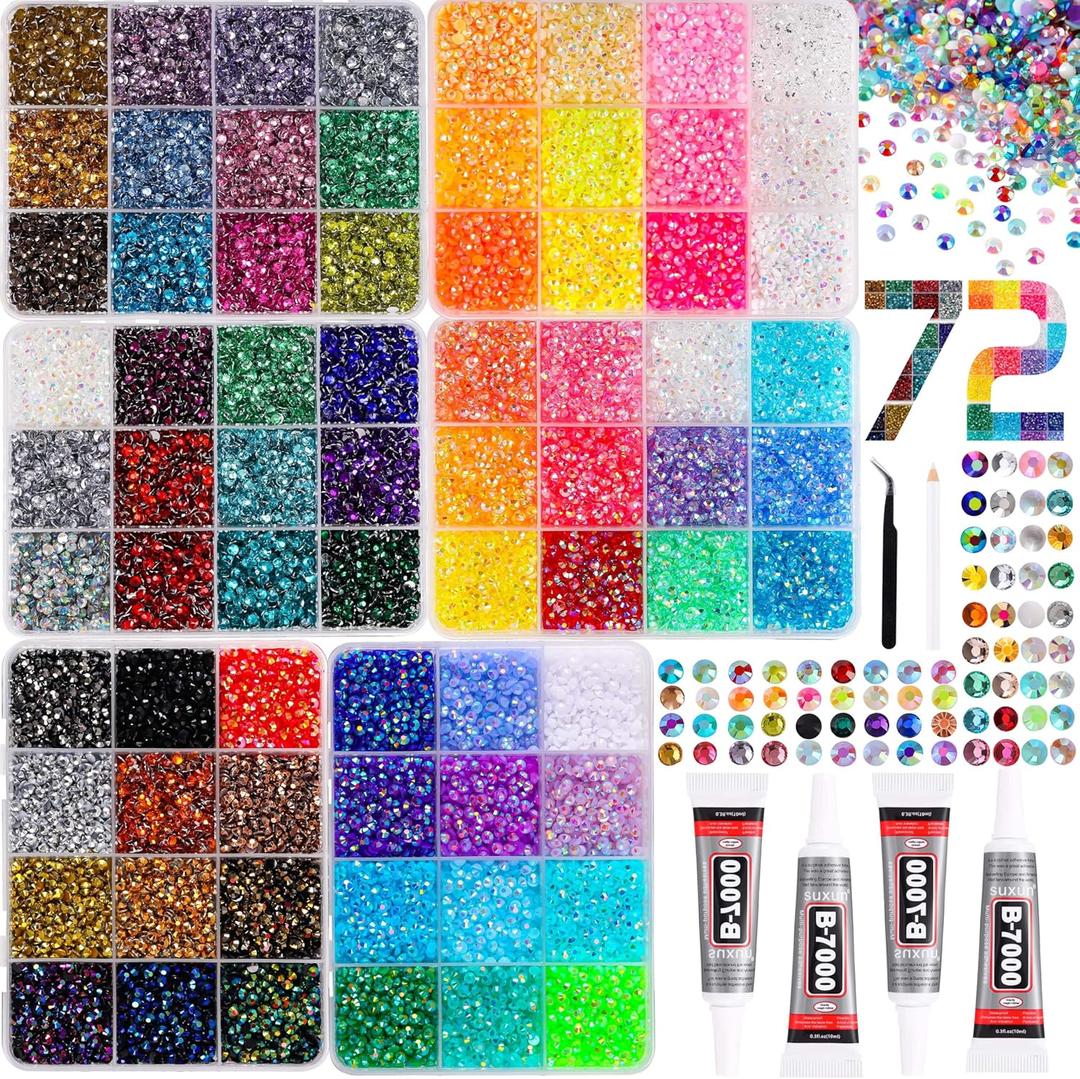 45000pcs Bedazzling Kit with 6 Box - 72 Colors Resin Jelly Rhinestones, 410ml B7000 Jewelry Glue Multicolor 3mm Flatback Sparkling Gems for Nail Art, Crafts, Clothing, Diamond Painting