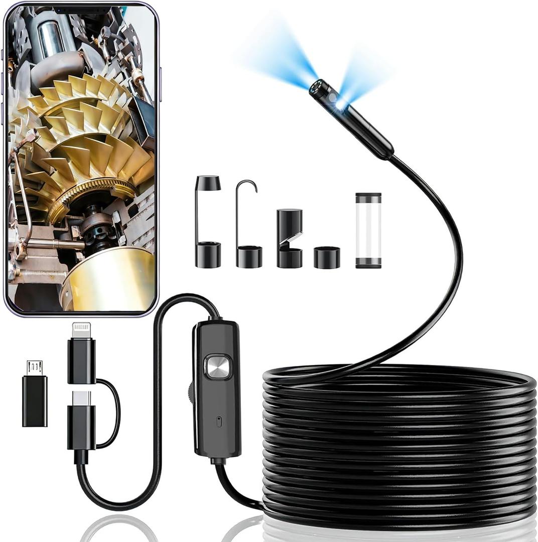 Dual-Lens Endoscope Camera with Light, 1920P HD Borescope with 8 Adjustable LEDs, 16.4FT Semi-Rigid Snake Cord, IP68 Waterproof Inspection Tool for iPhone, Android, Automotive, Plumbing, HVAC (7.9mm)