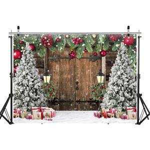 WOLADA Rustic Christmas Backdrop Barn Door Backdrops for Photography Xmas Tree Snow Back Drop 10x8FT 12585