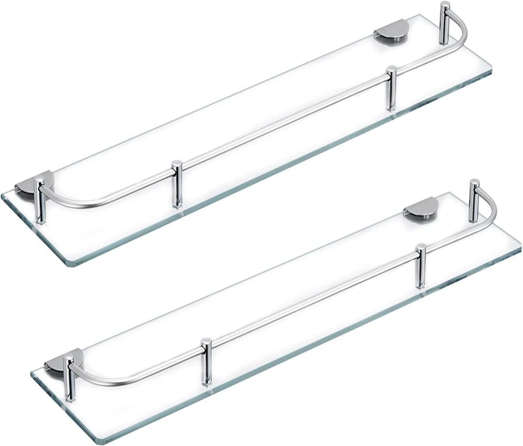 Glass Bathroom Shelves, Rectangular Tempered Glass Floating Shelves for Wall with 304 Stainless Steel Rail and Zinc Alloy Bracket, 2 Pack