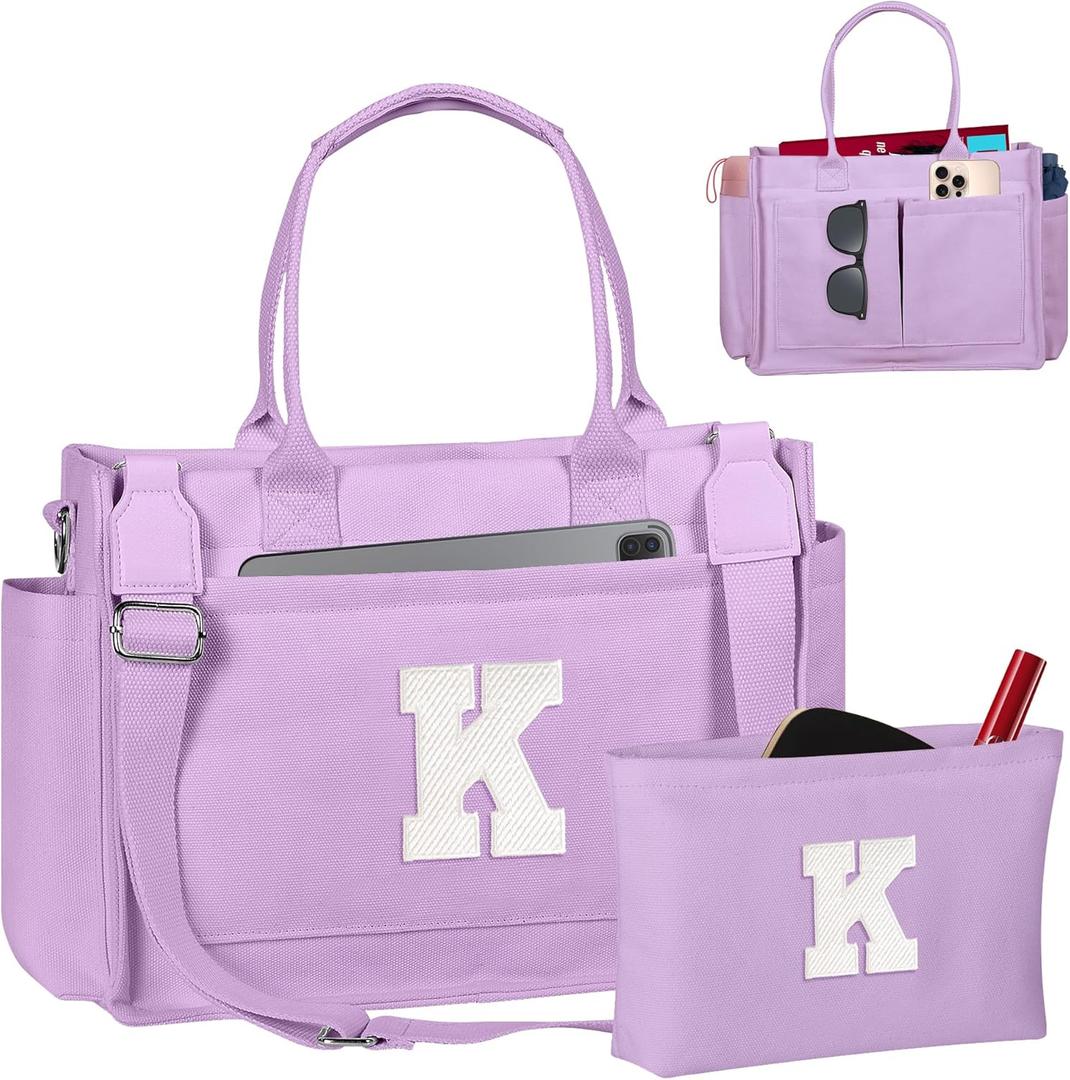 Easter Basket Stuffers, Initial Tote Bag with Makeup Bag, Birthday Gifts for Women, Teen Girl Gifts Trendy Stuff (Lavender)