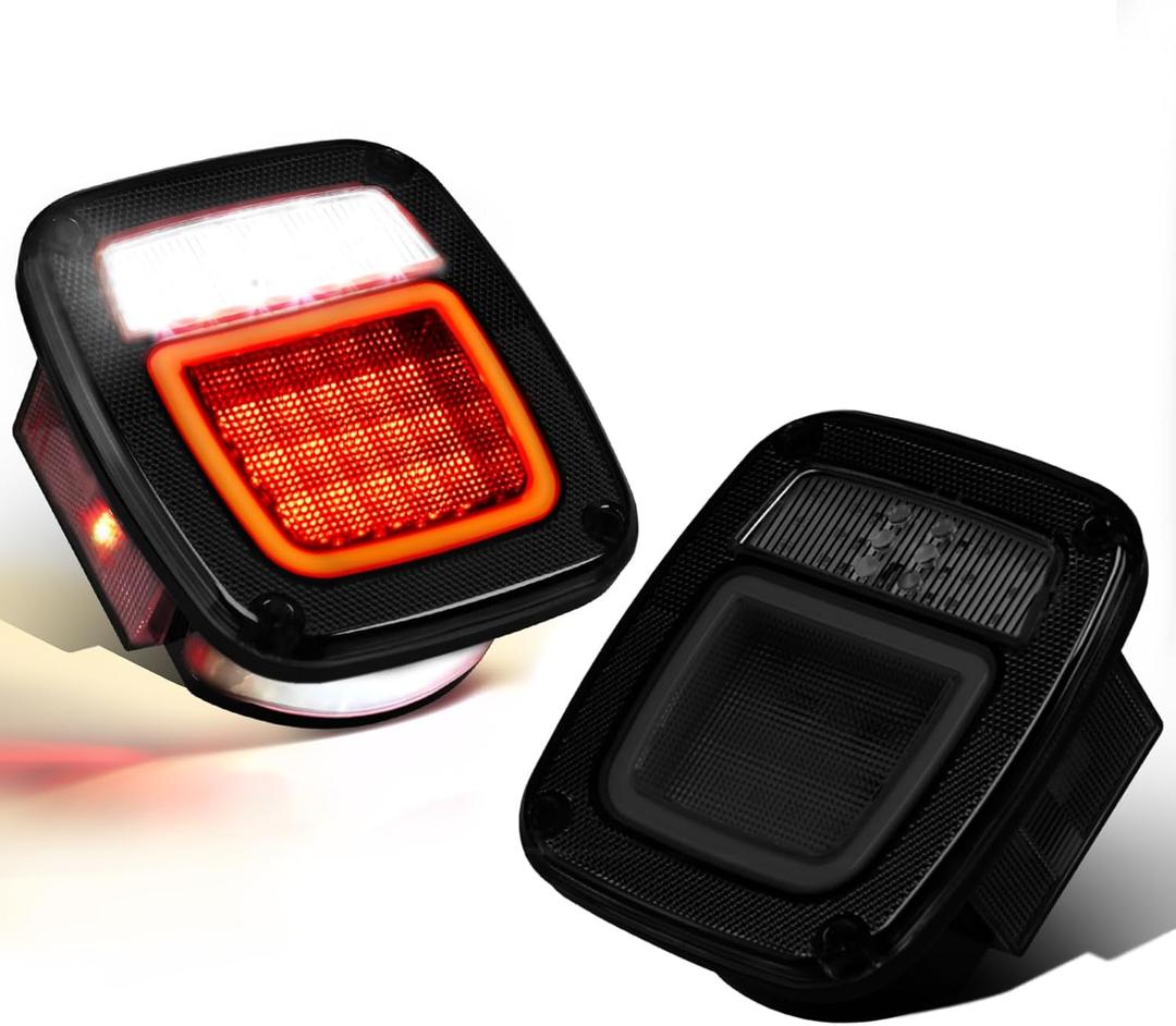 2Pcs Square Smoked Lens LED Halo Brake Stop Running/Reverse/License Plate/Clearance marker Combination tail Lights, Universal Fit for 1979-2006 Wrangler TJ/YJ/CJ5/CJ7, Trucks, Trailers