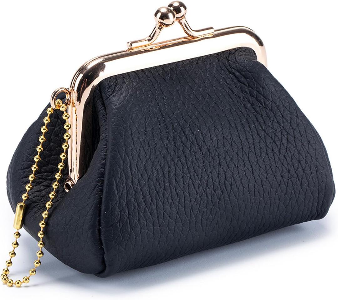 Genuine Leather Coin Purse for Women, Cute Mini Lipstick Holder Case, Small Vintage Kiss Lock Jewelry Storage Organizer Change Bag Pouch (Black)