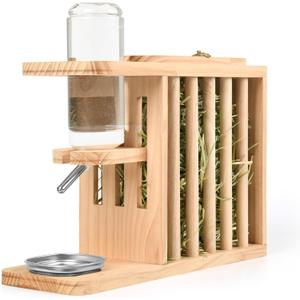 Small Animals Hay Rack with Height-Adjustable Water Bottle.Natural Wood. Wooden Bunny Hay Holder Feeder for Rabbit, Guinea Pig, Hamster, Hedgehog, Chinchillas, 4-16 CM