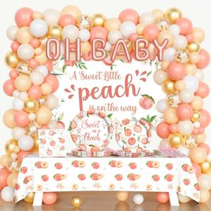 Costova Peach Baby Shower Decorations, A Sweet Little Peach Is on The Way Party Supplies, Peach Themed Backdrop Balloon Tablecloth Tableware with Plates Napkins Forks for Sweet as a Peach Girls