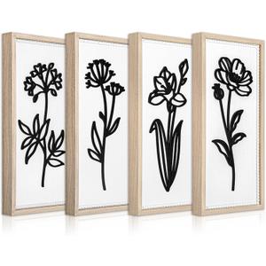 White Floral Bathroom Wall Decor Set of 4, Wood-Framed 3D Gallery Wall Art, Rectangular