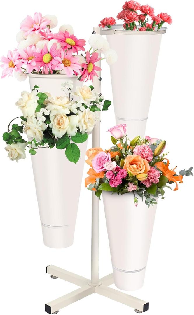 Flower Display Stand with Buckets, Metal Flower Bar Stand Rustic Farmhouse Florist Bouquet Holder Flower Cart Display Shelf for Outdoor Patio Garden Wedding Decor (Round)