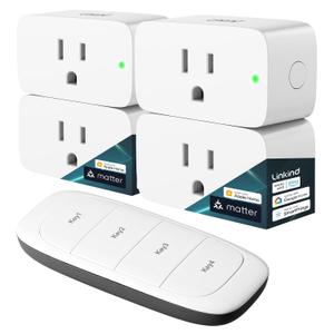 Linkind Matter Smart Plug with Remote, Work with Apple Home, Siri, Alexa, Google Home, SmartThings, Smart Outlet 15A/1800W Max, Smart Automation, Remote Control,Timer&Schedule, 2.4G Wi-Fi, 4 Pack