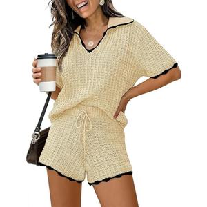 Tankaneo Womens Sweater Set 2 Piece Outfits Lapel V Neck Short Sleeve Knit Tops Summer Shorts Lounge Sets, Beige, Medium
