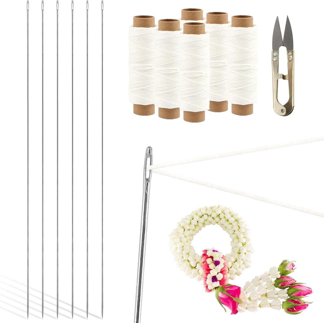 Ovrimelle 13 Pcs Lei Needle Kit, 6 Pcs 14 Inch Stainless Steel Long Lei Needle and 6 Rolls Twine 1 Sewing Scissors DIY Making Kit for Marigold Garland Hawaiian Flowers Bead Stitch Craft