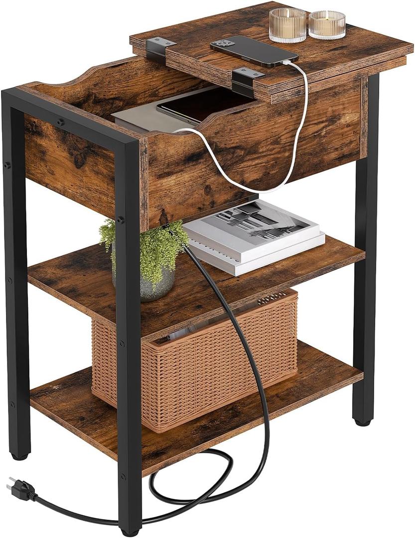 HOOBRO End Table with Charging Station, Narrow Side Table, Flip Top Nightstand with USB Ports and Outlets, Bedside Tables with Shelf for Small Spaces, Living Room, Rustic Brown BF341BZ01
