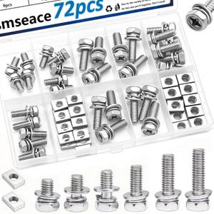smseace 72Pack Battery Terminal Bolts and Nuts 6-Sizes M5x10/12/14&M6x16/18/20mm 304 Stainless Steel Motorcycle Battery Bolts with Square Nuts for ATV,Bike,Scooter,Motorcycle