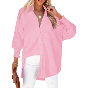 Womens Oversized Button Down Shirts Smocked Cuffed Ruffle Sleeve Boyfriend Blouses Collared Work Casual Top with Pockets (Pink, L)