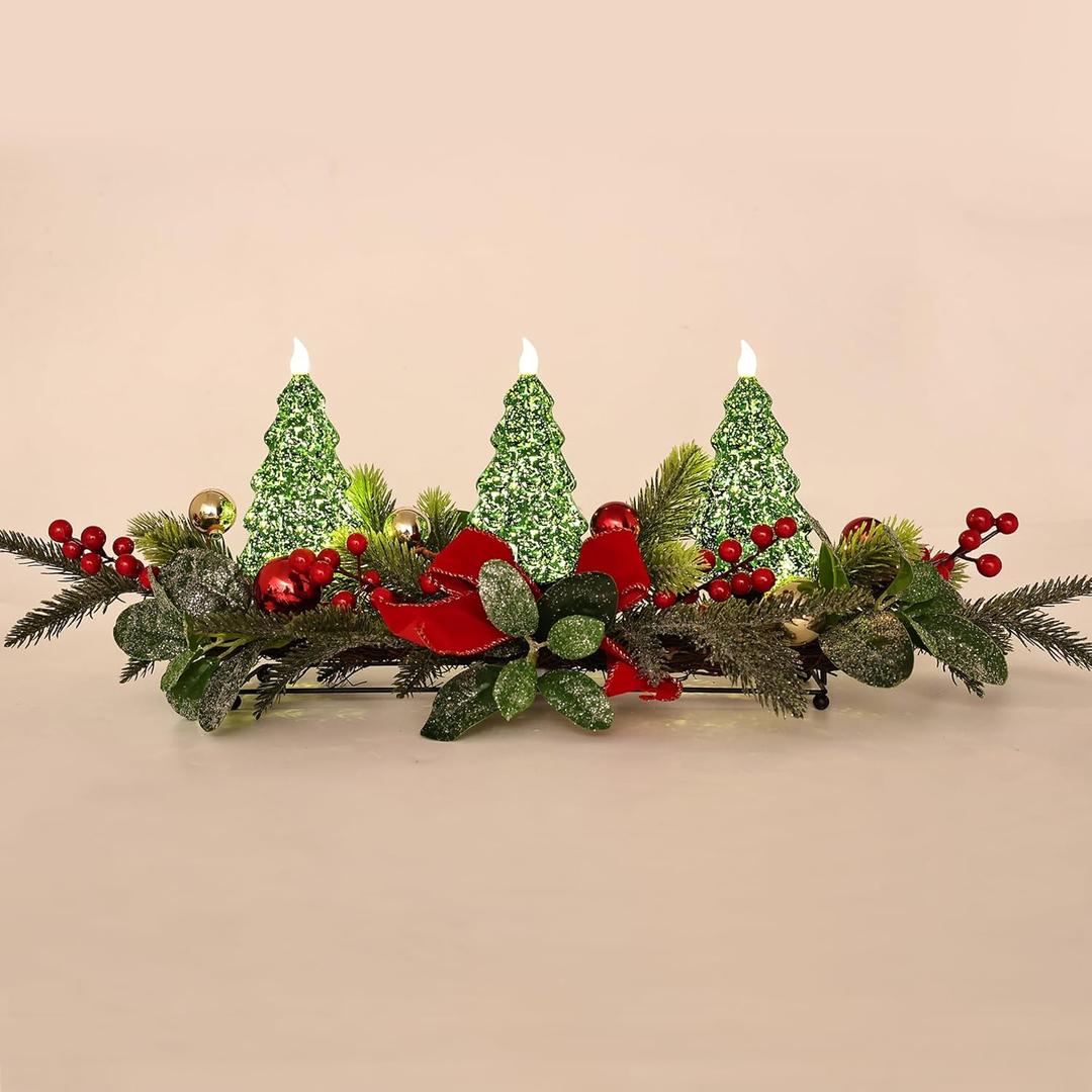 Christmas Table Centerpiece with LED Lights, Green Xmas Tree Decoration, Red Berry, Christmas Balls for Holiday Party, Home, Fireplace