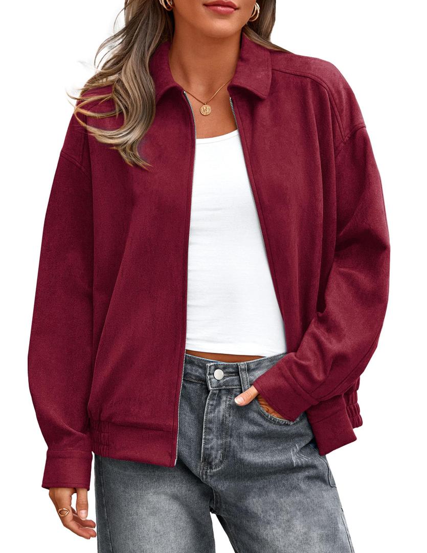 PRETTYGARDEN Faux Suede Bomber Jacket Women Fall Fashion 2026 Casual Zip Up Oversized Trendy Winter Clothing Outerwear Coats (Burgundy,Small) (S)