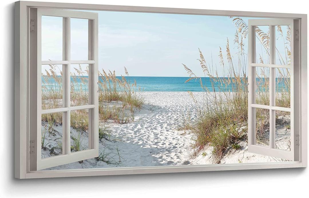 Beach Window Wall Art Canvas: Relaxing Bedroom Living Room Blue Ocean Coastal Scene Picture Modern Tropical Sea Landscape Painting Print Decor Horizontal Summer Seascape Artwork for Home