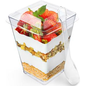 100 Pack 5 oz Dessert Cups with Lids and Spoons Plastic Parfait Cups for Appetizer and Desserts be it, Mousse, Tiramisu, Pudding, or salads - Perfect for Parties