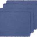 Solino Home Fringe Linen Placemats Set of 4 - Vintage Blue Placemats 14 x 19 Inch - 100% Pure Linen Table Mats for Spring, Summer, Mothers Day