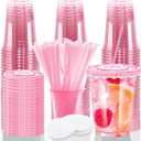 12oz Disposable Stemless Glasses With Flat Lids and Straws,PET Solo Disposable Cups ,Party Clear Plastic Wine Glasses for Parties Birthday,Wedding,Meeting,Christmas Party Supplies. (50, Pink)