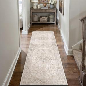 HUGEAR 2x6 Runner Rug Hallway Vintage Beige Machine Washable Neutral Floral Low Pile Carpet Vacuumable Thin Long Throw Rug Bedroom Office Bathroom Kitchen Laundry Non Slip Soft Lightweight