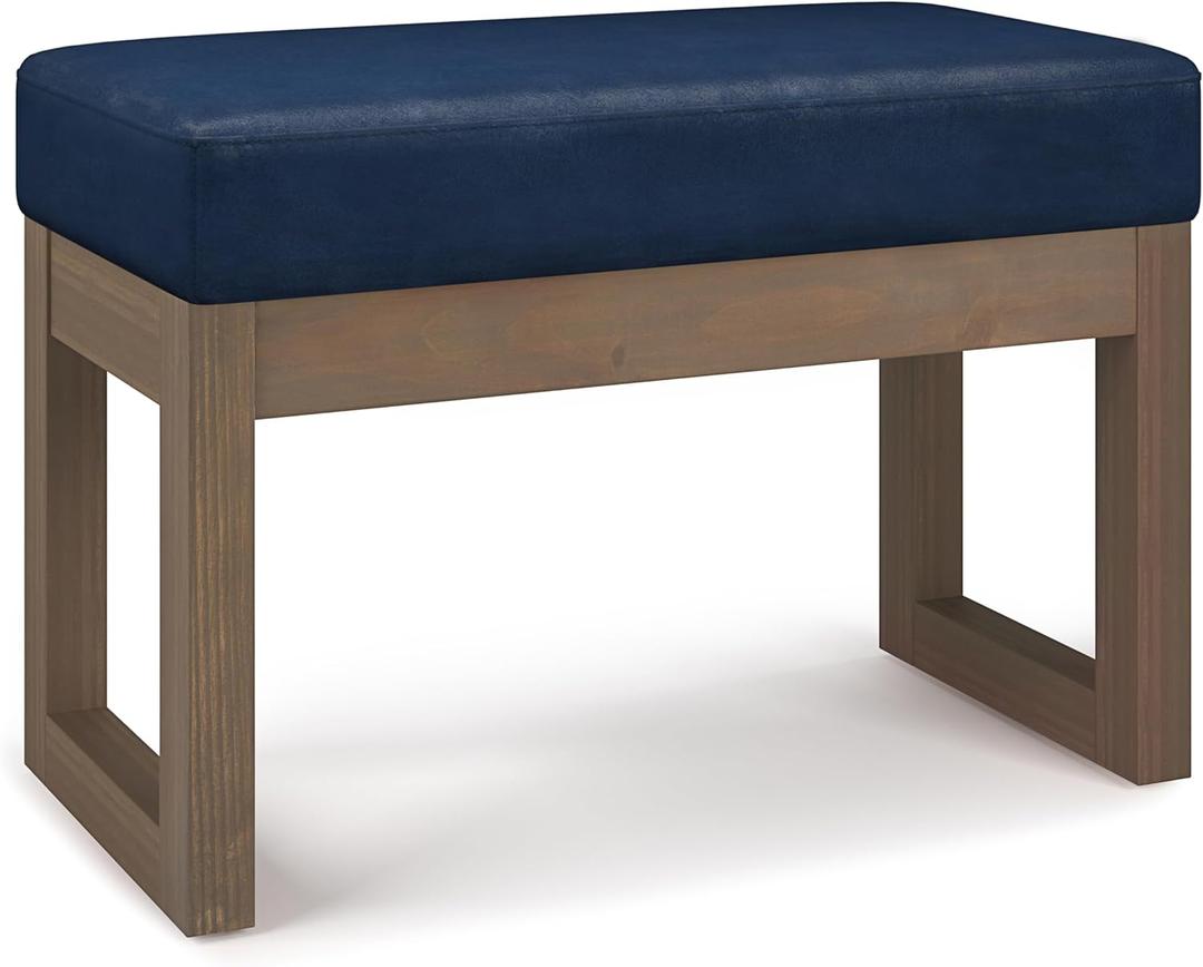 SIMPLIHOME Milltown 27 inch Wide Contemporary Rectangle Footstool Ottoman Bench in Distressed Dark Blue Vegan Faux Leather, Assembled, for the Living Room and Bedroom