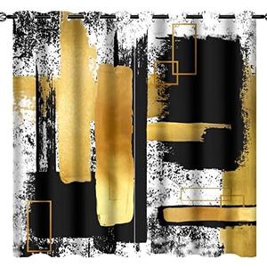 Kazynee Modern Abstract Geometric Room Darkening Blackout Window Curtains with Grommets,Black White Gold Oil Painting Art Energy Efficient Window Treatment for Living Room 2 Panels 63L x 31.5W