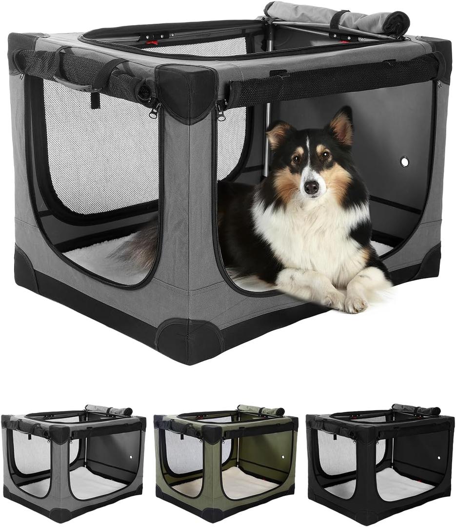 24 Inch Collapsible Travel Dog Crate for Medium Large Dogs, Portable Dog Crate 4-Door Foldable Soft Kennel with Chew-Proof Mesh Windows for Indoor & Outdoor Travel,with Storage Bag,Grey