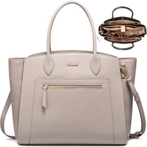 LOVEVOOK Laptop Tote Bag for Women, 15.6 Inch Large Capacity Work Bags Briefcase Purse with Multiple Pockets & Large Bottle Holder, Vegan Leather Business Office Computer Bag for Teacher, Pebble