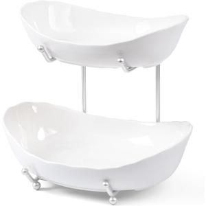 HBlife Fruit Bowl for Kitchen Counter - 2 Tier Ceramic Fruit Bowl with Metal Stand, Tiered Fruit Basket for Kitchen Counter, Serving Platters Serving Trays for Party