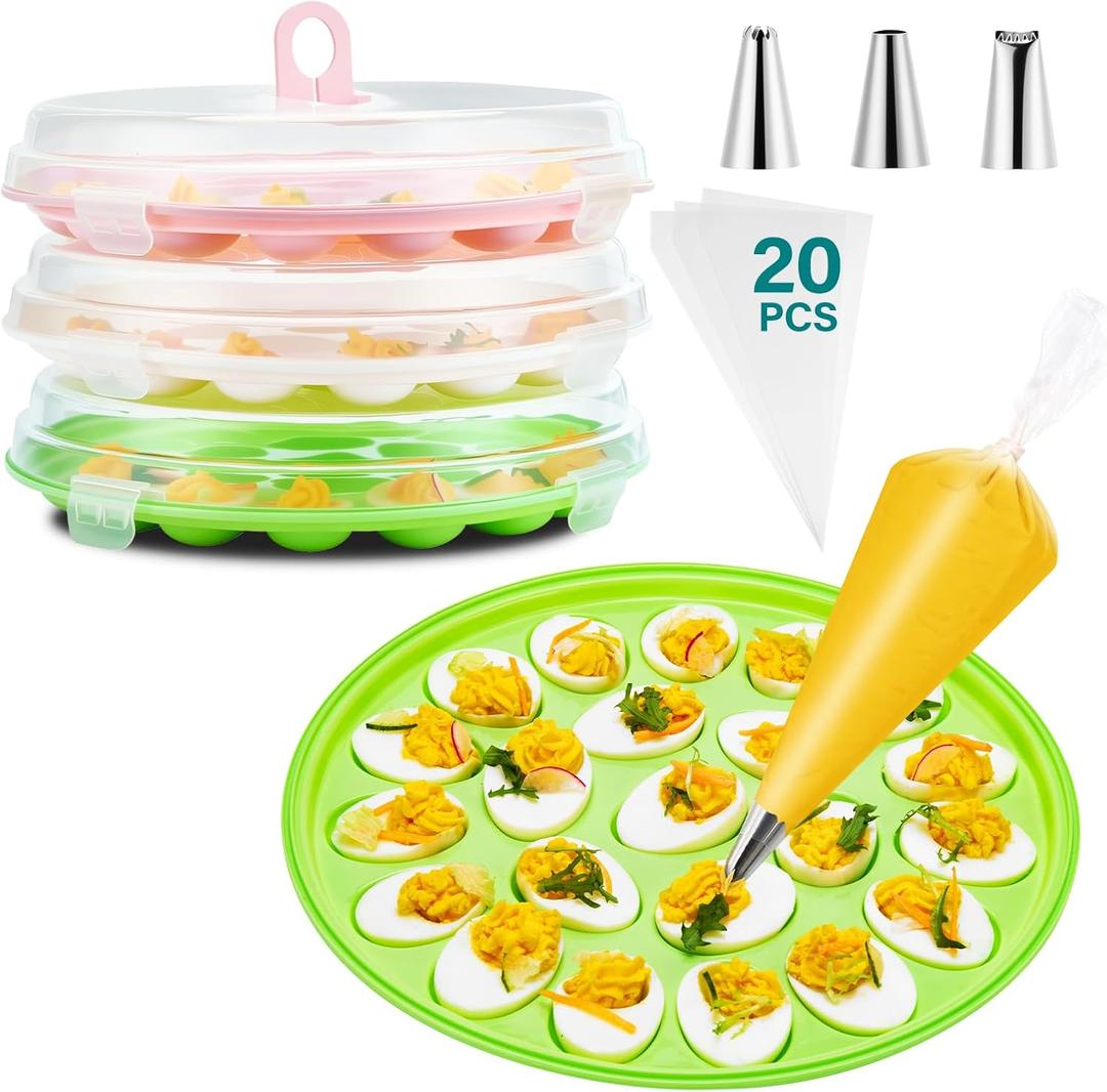 Deviled Egg Container with Lid, 3 Pack Stackable Deviled Egg Platter with Handle, 66-Slot Egg Carrier Tray for Fridge Storage, Easter, Christmas, Parties, Picnic, Dishwasher/Freezer Safe