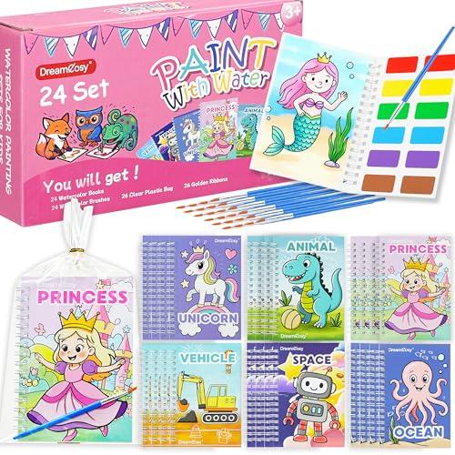 DreamCosy 24 Pack Paint with Water Coloring Books for Kids Ages 4-8, Mini Water Painting Set with Brush, Arts Crafts, Party Favors, Toy Gift Valentine Watercolor Book for School Home