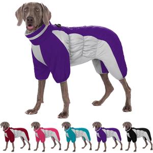 AOFITEE Large Dog Jacket - Warm Winter Coat with Built-in Harness, Reflective Turtleneck, Windproof Snowsuit, Four-Legged Fleece for Small to Large Dogs (X-Large, Purple)