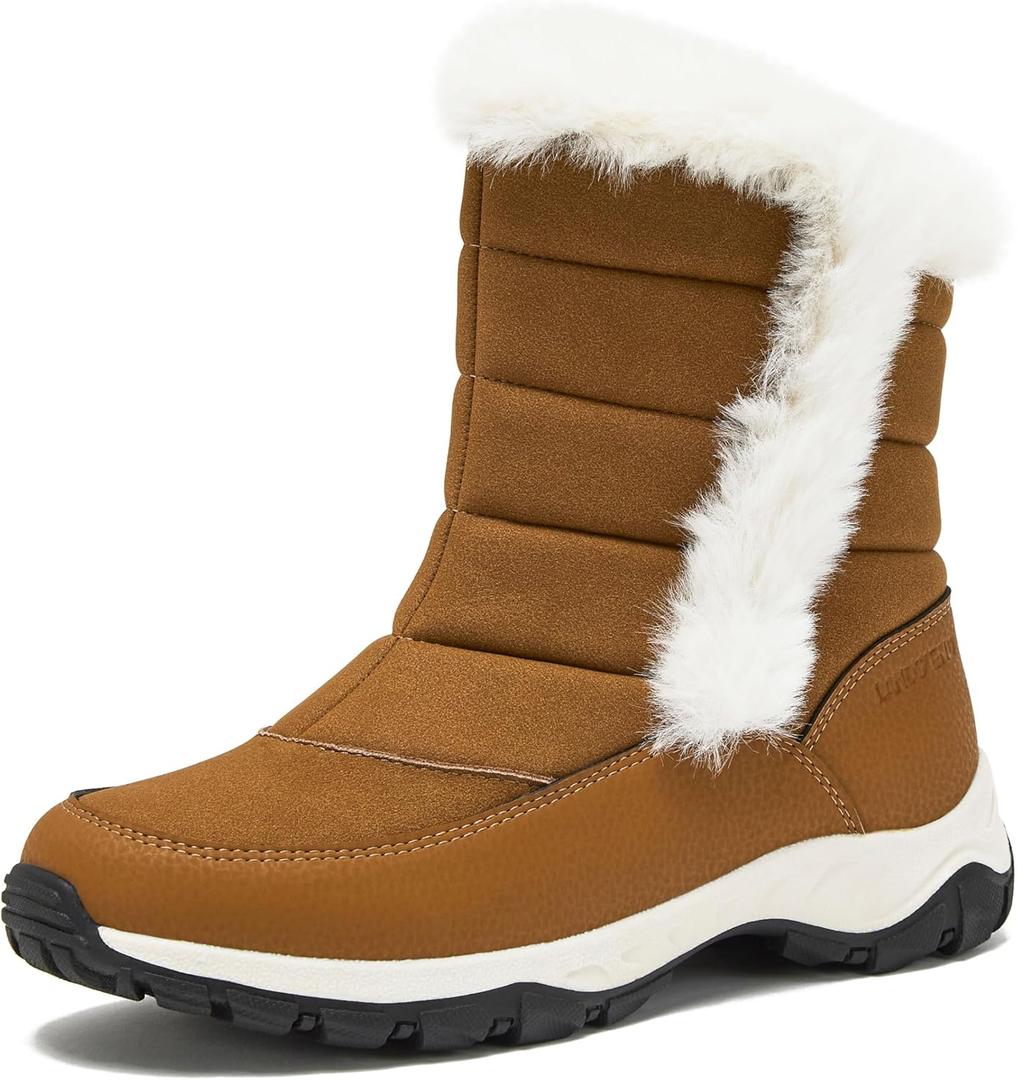 Lands' End Expedition Slip On Insulated Waterproof Winter Boots for Women, Puffer Fur Trimmed Hook & Loop Womens Boots - Tan, 6.5 Medium