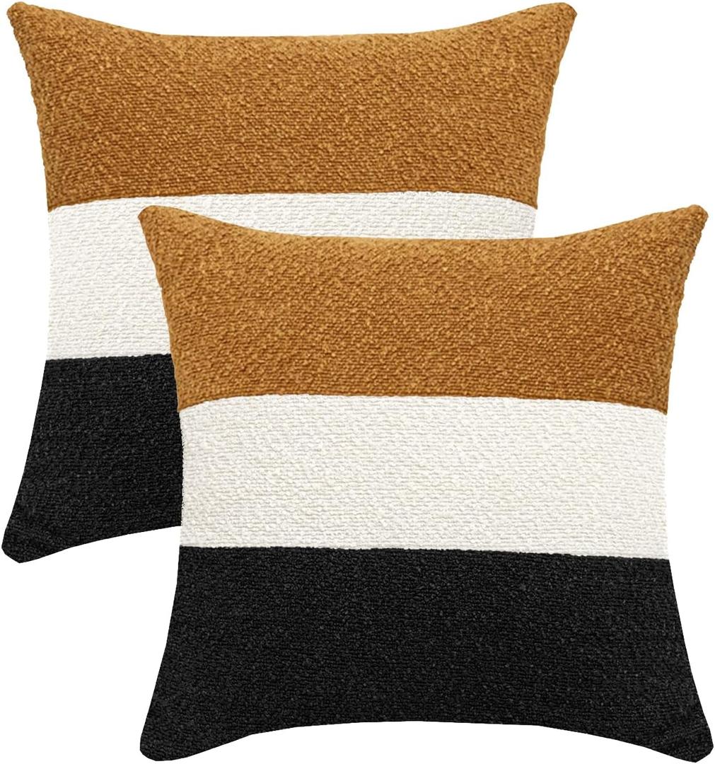 Decorative Textured Boucle Pillow Covers 18 x 18 Inch Neutral Accent Pillow Case for Couch Sofa Bedroom Living Room Home Decor,Orange Brown/Cream/Black (Pack of 2, Cover ONLY)