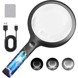 30X 40X Charge Magnifier with Light, NUEYiO 4.33Inch Large Handheld Magnifying Glass with Light, 20 Daylight LEDs & Third Gear Dimming Lighted Magnifying Glass for Seniors Reading Jewelry -Black