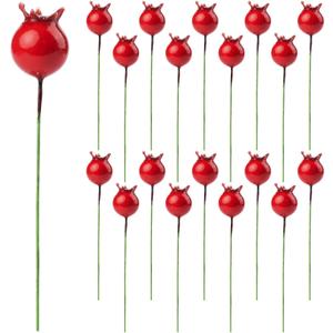 RAYNAG 100 Pieces Mini Artificial Pomegranate Fake Fruit Berry Stamen Christmas Party Decor DIY Craft,Red