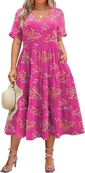 IN'VOLAND Womens Plus Size Short Sleeve Dress Summer Midi Casual Tiered V-Neck Aline Flowy Loose Dresses with Pockets hot pink floral, XL Size