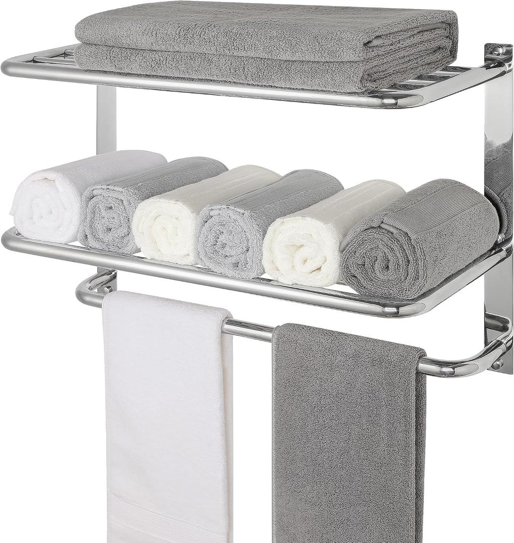 Towel Rack for Bathroom, DEWVIE 24 Inch Tower Holder with Tower Bars, SUS 304 Stainless Steel Lavatory Bath Towel Shelf Towel Hanger Wall Mount, 3-Tier (Brushed Nickel)