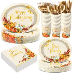 Pajean 350 Pcs Thanksgiving Oval Paper Plates Set with 12 inch Disposable Pumpkin Oval Plates Fall Harvest Heavy Duty Paper Dinnerware Set for 50 Guests Thanksgiving Fall Party Supplies(Gold)