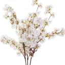 Sunm Boutique Silk Cherry Blossom Branches, Artificial Cherry Blossom Tree Stems Faux Cherry Flowers Vase Arrangements for Wedding Home Decor, Set of 3 (Pack of 3, White)