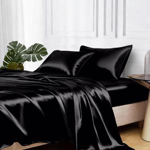 MR&HM Satin Bed Sheets, Twin XL Size Sheets Set, 3 Pcs Silky Bedding Set with 15 Inches Deep Pocket for Mattress (Twin XL, Black)