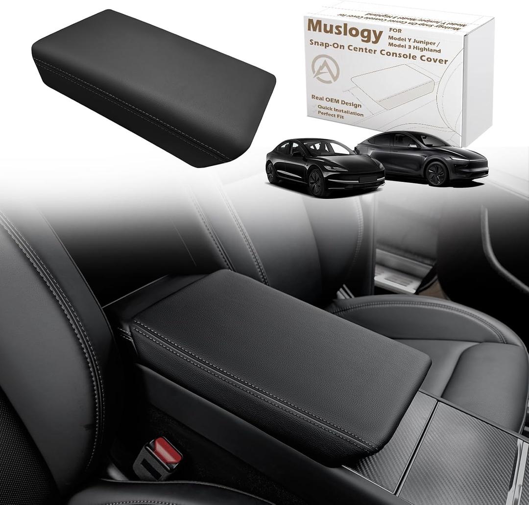 Muslogy Center Console Armrest Cover Fit for Tesla Model Y Juniper 2026+ / Model 3 Highland 2024+ Accessories, Comfort Armrest Pad Console Lid Cushion Vegan Leather Snap-On Black (Hard Cover)
