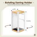 keomaisyto Earring Holder Organizer, 360 Rotating Jewelry Holder with Ring Tray/Necklace/Bracelet/Ring Hooks, White Earring stand with 4 Sides and 2 Wooden Trays for Jewelry Display (Upgraded)
