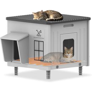 Indestructible Heated Cat House for Outdoor Cats in Winter, 100% Waterproof & Weatherproof Heated Cat House for Outside, Fully Insulated Feral Cat Shelter for Outdoor Barn Strays, 17.7 x 17 x 17.5 in