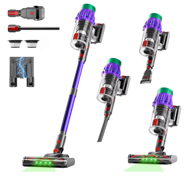 Cotiar Cordless Vacuum Cleaner, 650W 55KPA 70Min Wireless Vacuum for Home, Stick Vacuum with Green Light Anti-Tangle, Rechargeable Vacuum Cleaners for Pet Hair Carpet Hard Floors （Purple）