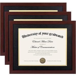 Upsimples 11x14 Diploma Frame Certificate Degree Document Frame with High Definition Glass, 8.5 x 11 with mat for Wall and Tabletop, Mahogany Double Mat, 3 Pack