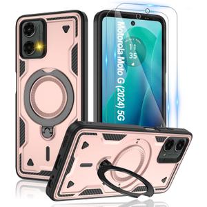 for Moto G 5G 2024 & Moto G Play 5G 2024 Magnetic Case,Compatible with MagSafe & [HD Screen Protector2],Metal Rotated Kickstand,Military Grade Drop Proof Anti-Fingerprint Protective,Rose Gold