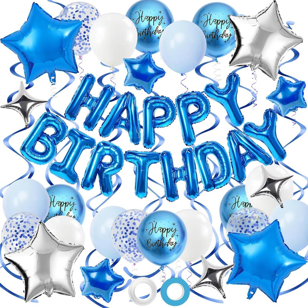 Blue Birthday Decorations, 3D Foil Blue Happy Birthday Balloon Banner with Star Balloons, Confetti Balloons, Hanging Swirls, for Boys Girls Men Women Party Decorations
