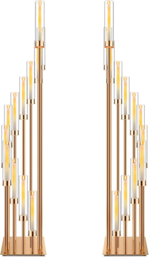 Dandat 2 Pcs 12 Arm Wedding Candelabras Candle Holder 57.5 Inch Tall Cluster Centerpieces Floor Candelabra Standing with Clear Acrylic Electronic Candle Shades for Birdal Shower Party Favors(Gold)