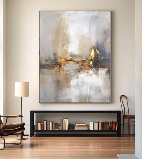 AOXUBI Large Beige Gray Gold Texture Abstract Painting Minimalist Wall Art Large Painting On Canvas Modern Home Wall Decor 30x42cm/12x17in With-Black-Frame